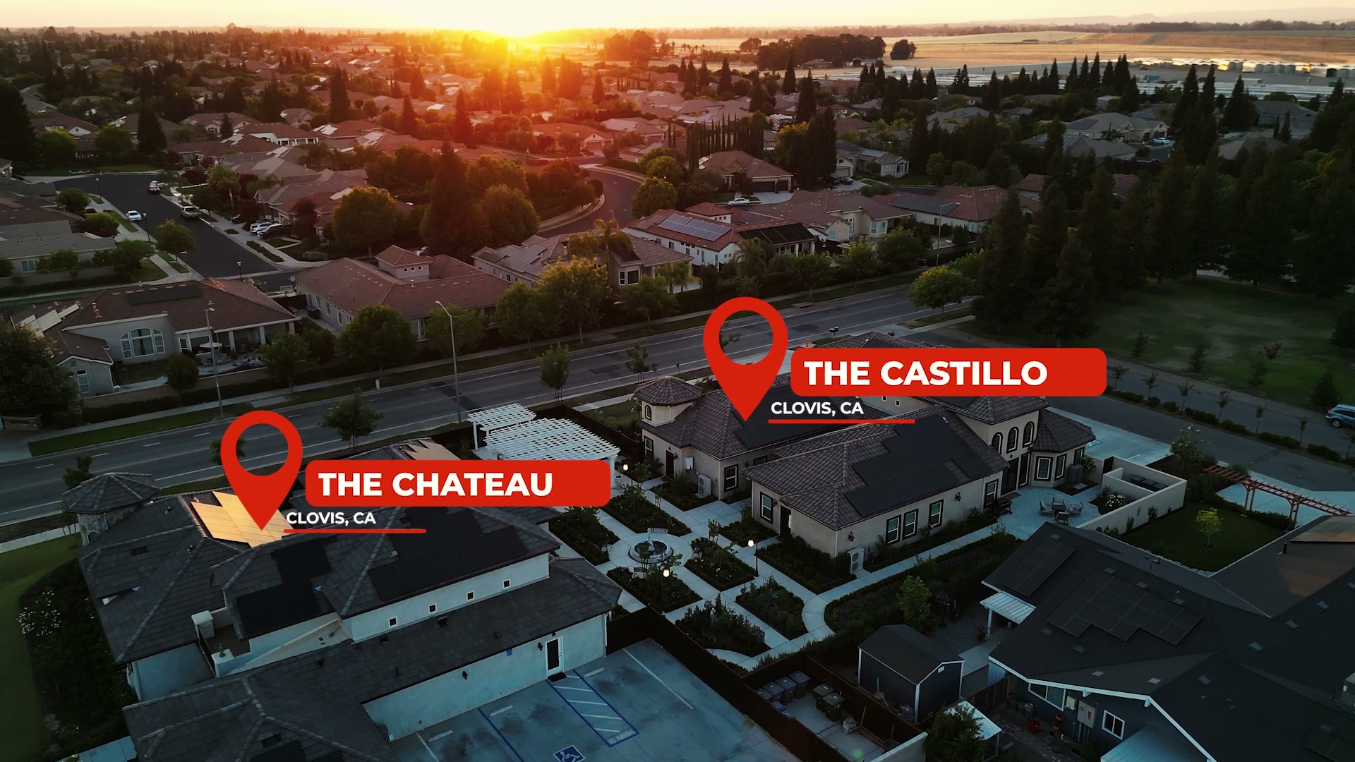 Aerial view at golden hour of The Chateau and The Castillo, two luxury homes sharing a private courtyard in Clovis